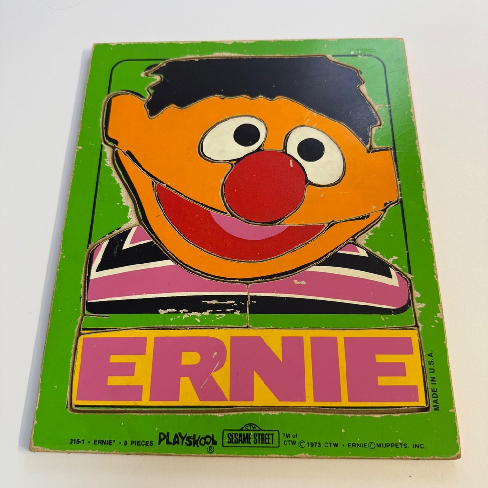 Vintage 70s 1973 Playskool Sesame Street Ernie Wooden Tray Puzzle Muppets kids